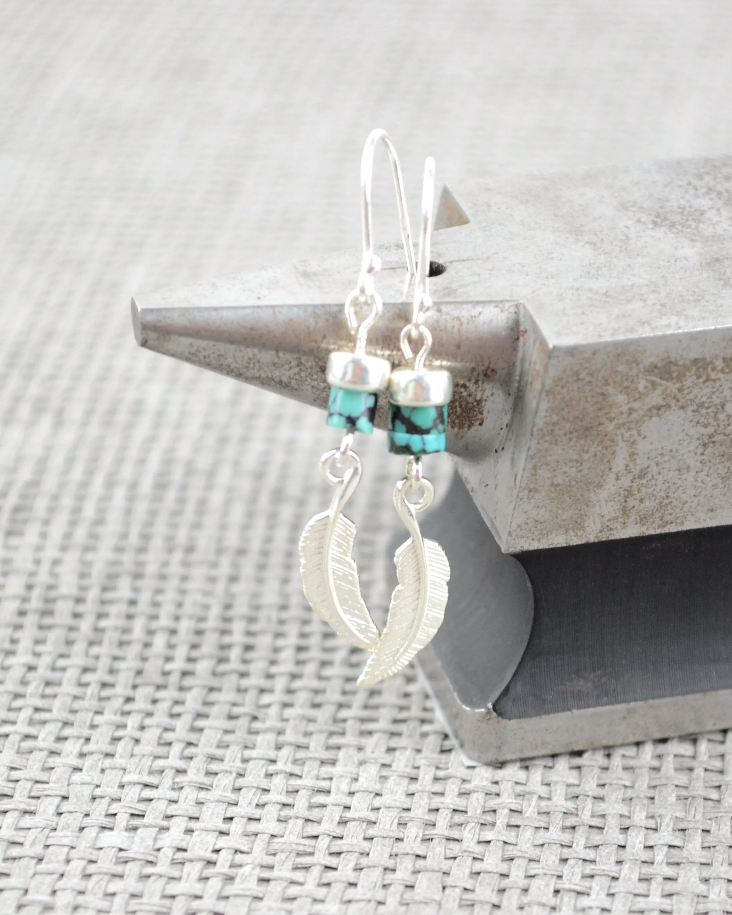 Silver and turquoise boho earrings, sterling silver feather long dangle earrings