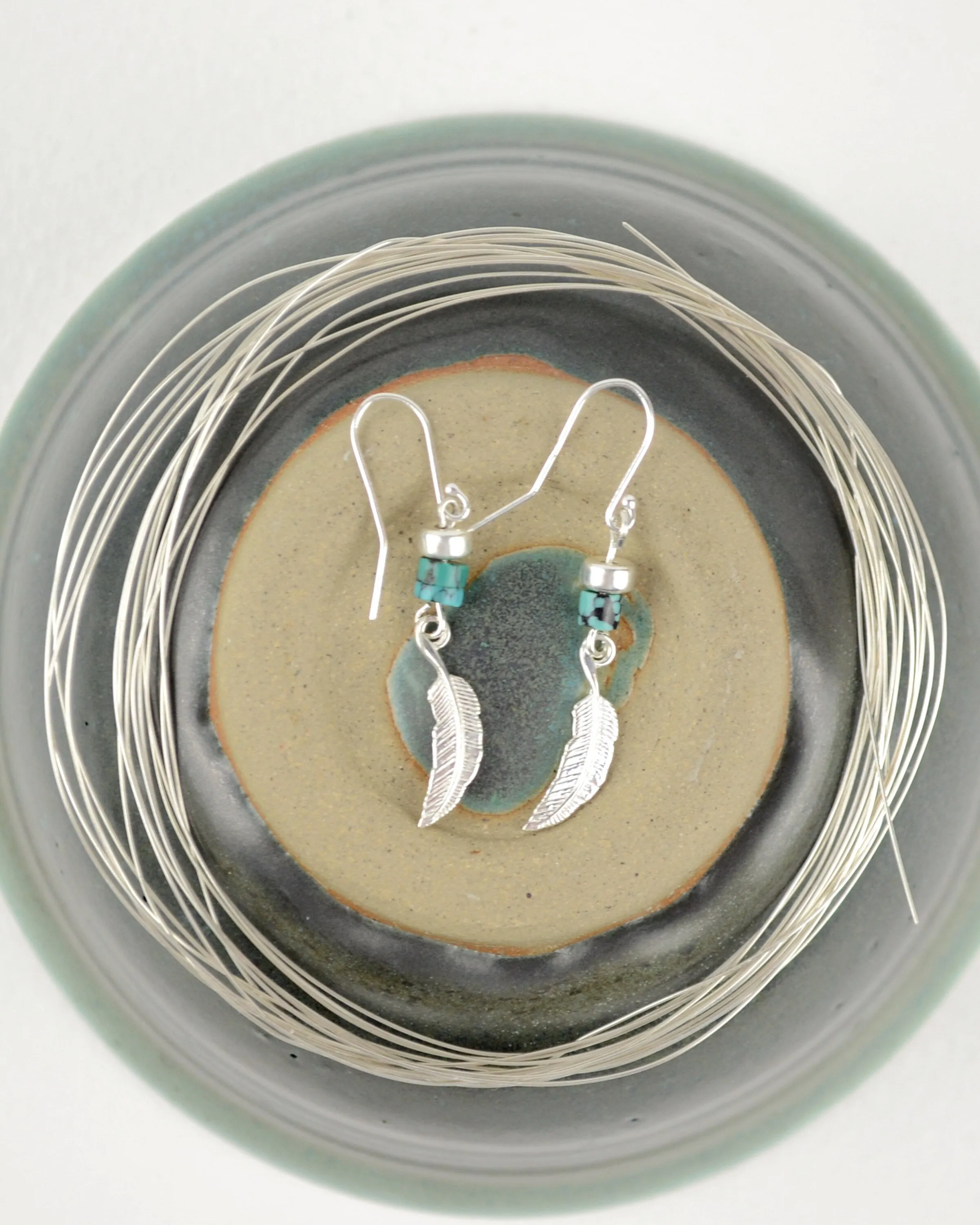 Silver and turquoise boho earrings, sterling silver feather long dangle earrings