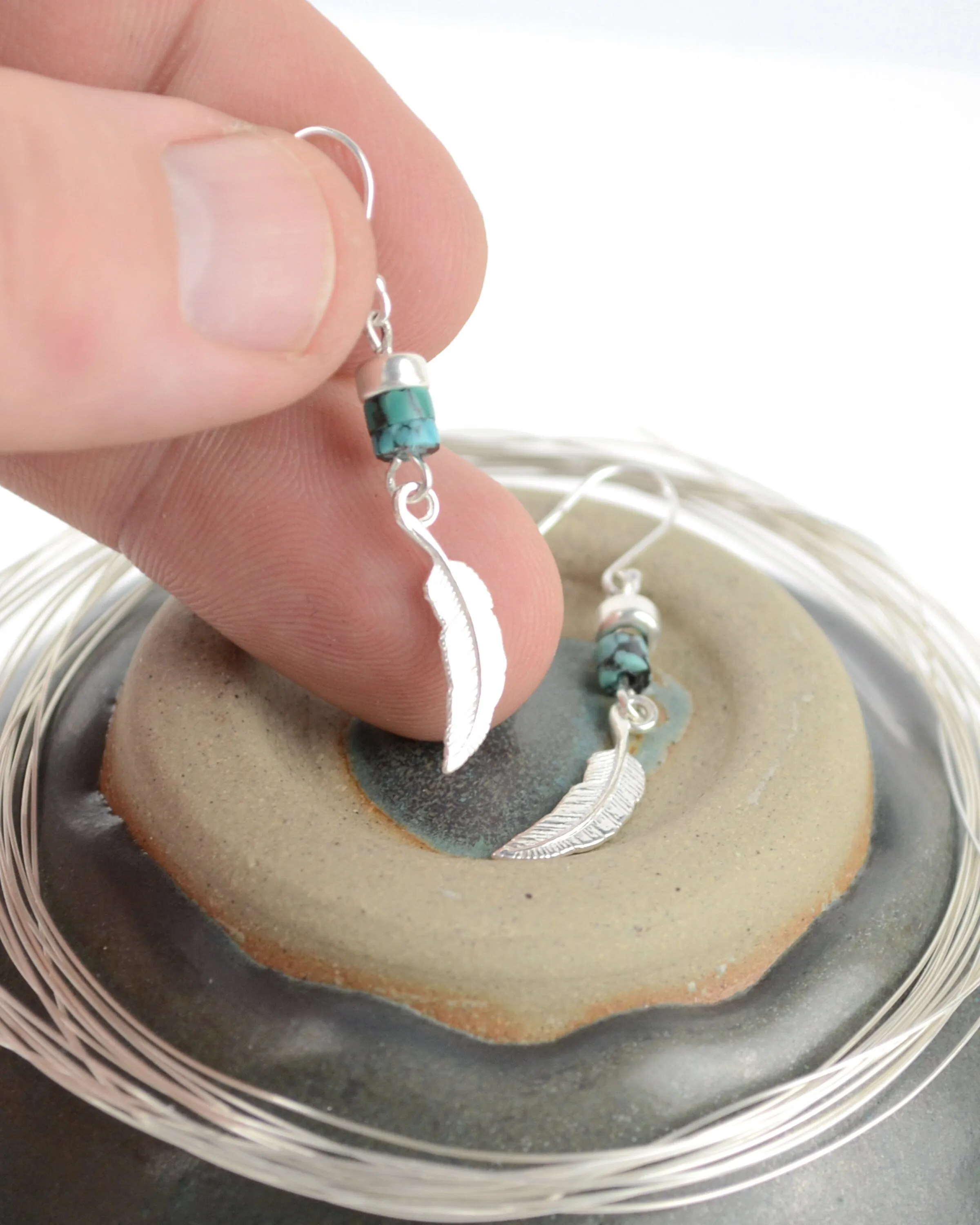 Silver and turquoise boho earrings, sterling silver feather long dangle earrings