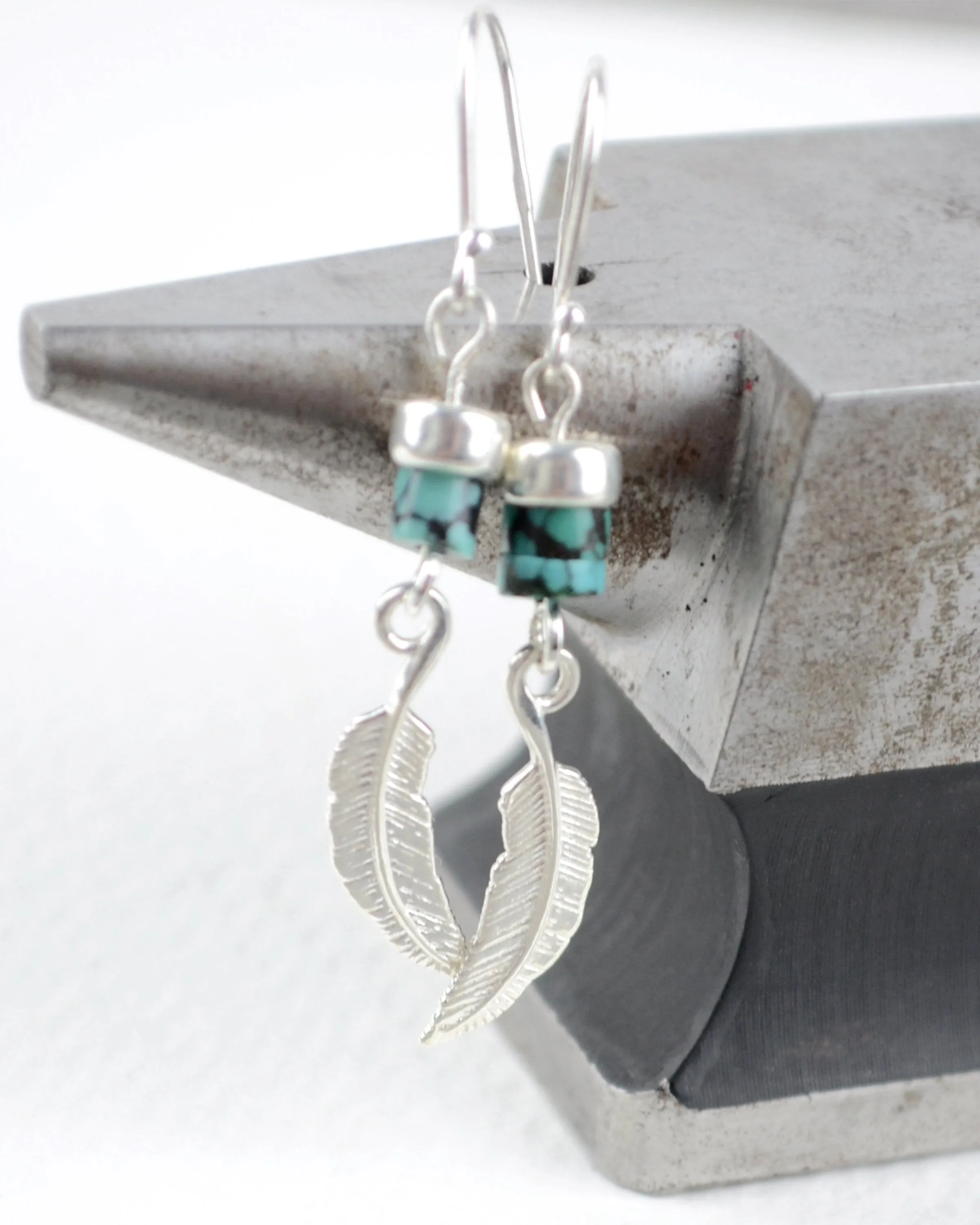 Silver and turquoise boho earrings, sterling silver feather long dangle earrings