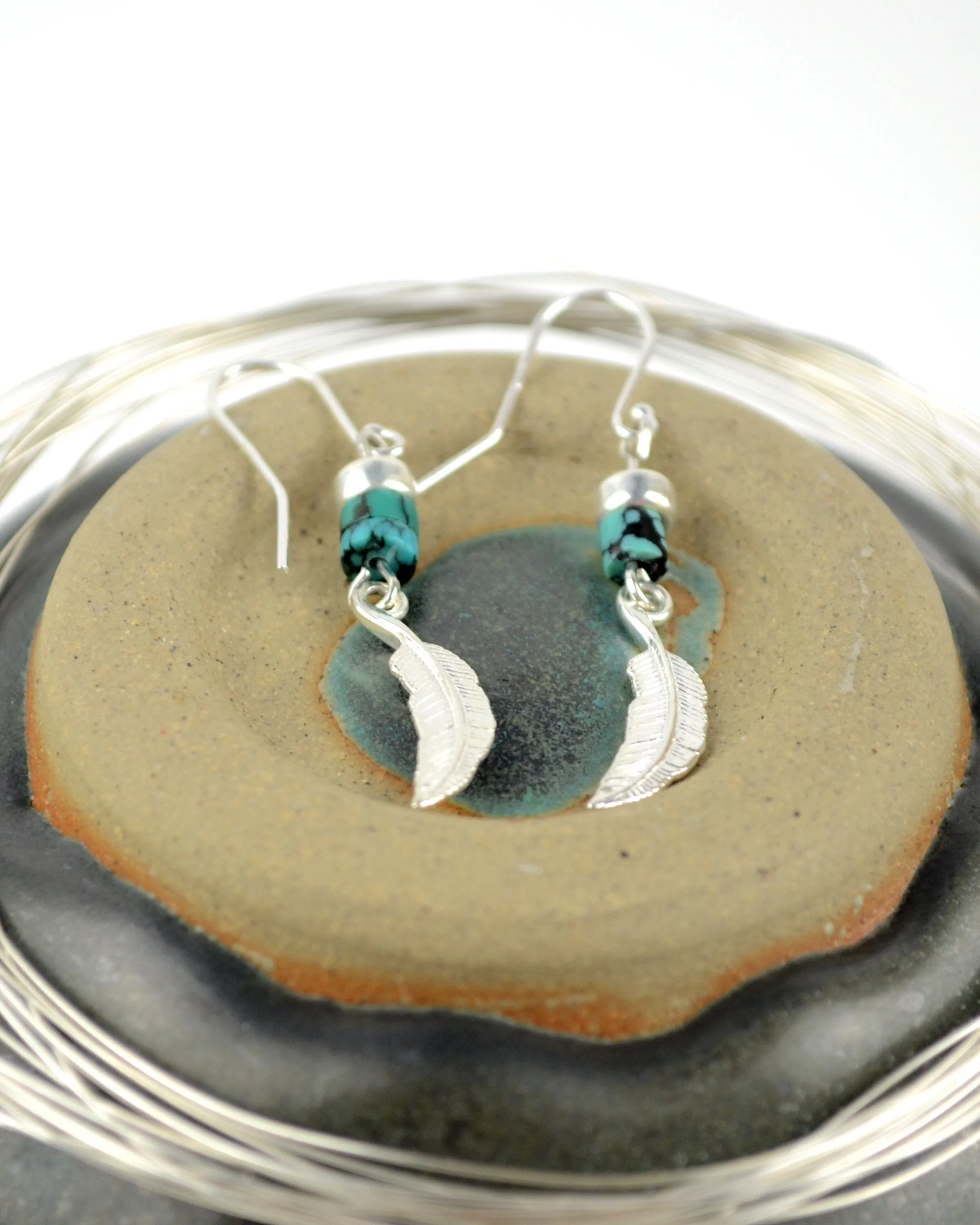 Silver and turquoise boho earrings, sterling silver feather long dangle earrings