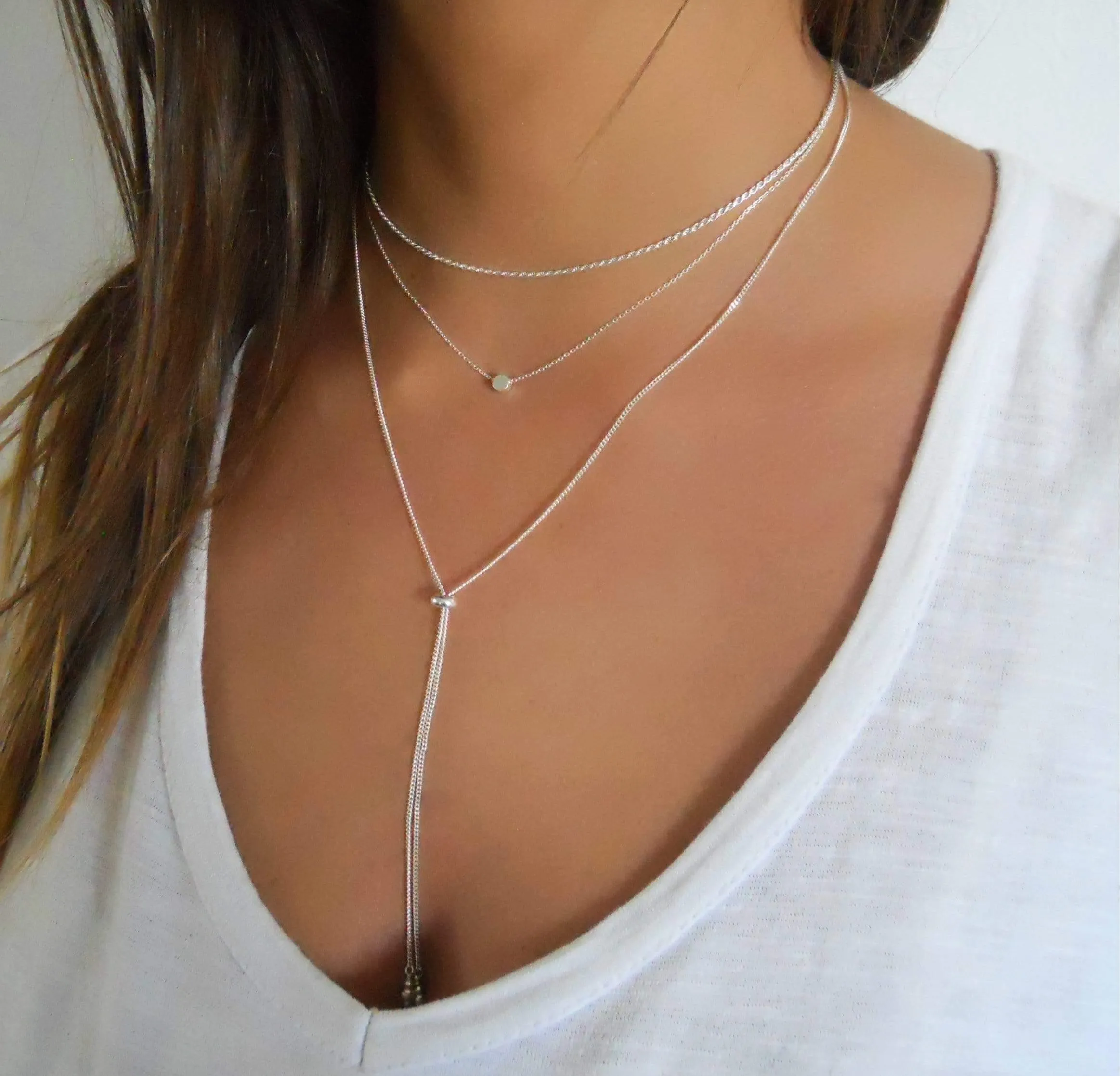Silver Rope Choker and Dot Necklace - Set Of 2 Silver Necklaces