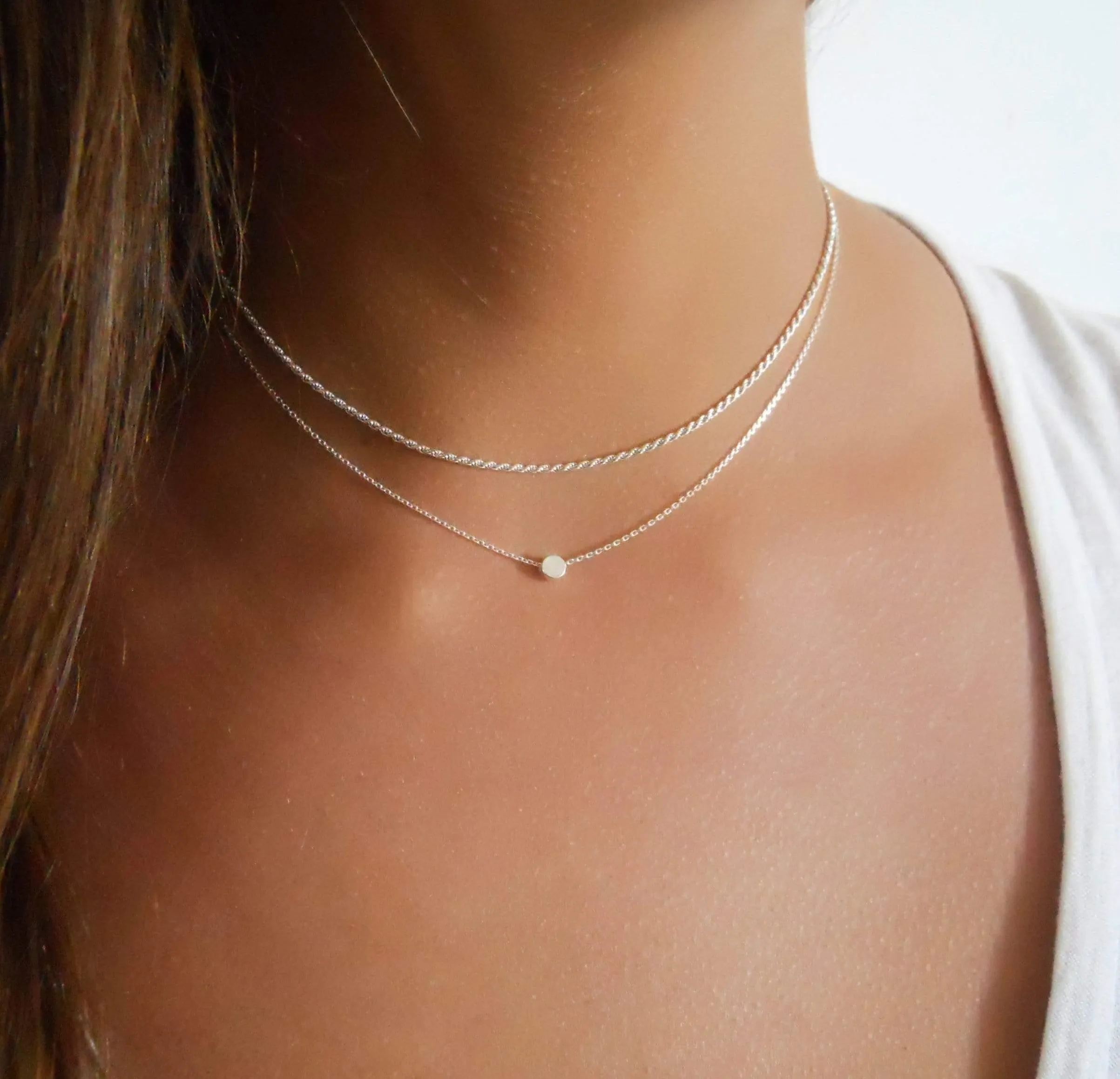 Silver Rope Choker and Dot Necklace - Set Of 2 Silver Necklaces