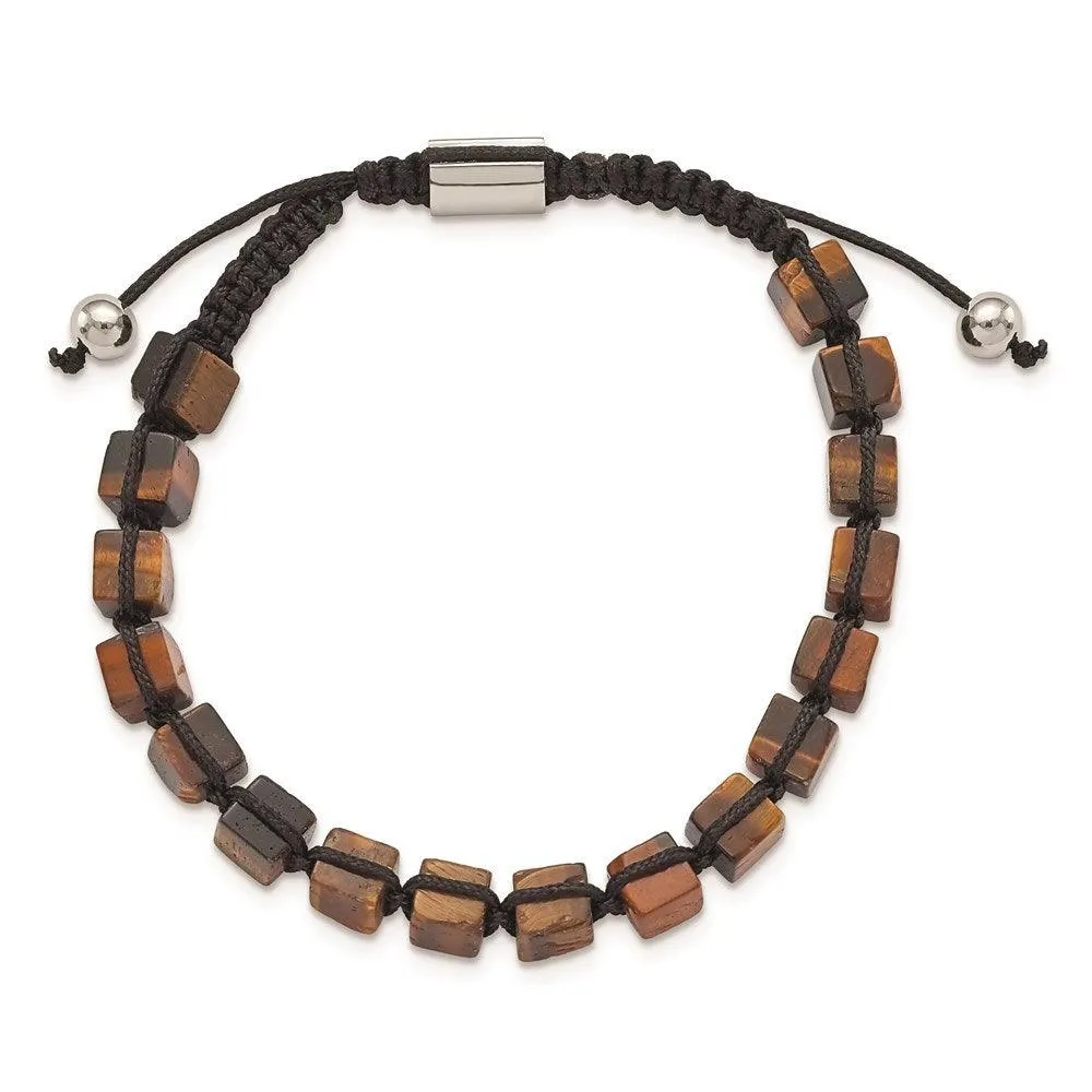 Stainless Steel Polished with Tiger's Eye Macrame Adjustable Bracelet