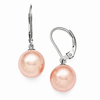 Sterling Silver 10-11mm Round Pink Shell Pearl Leverback Earrings