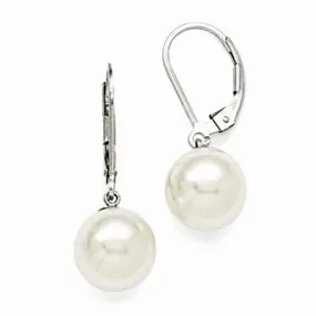 Sterling Silver 10-11mm Round White Shell Pearl Leverback Earring