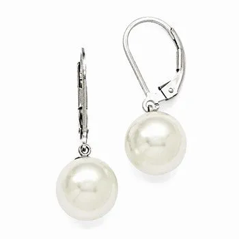 Sterling Silver 10-11mm Round White Shell Pearl Leverback Earring
