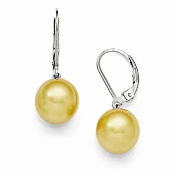 Sterling Silver 10-11mm Round Yellow Shell Pearl Leverback Earring