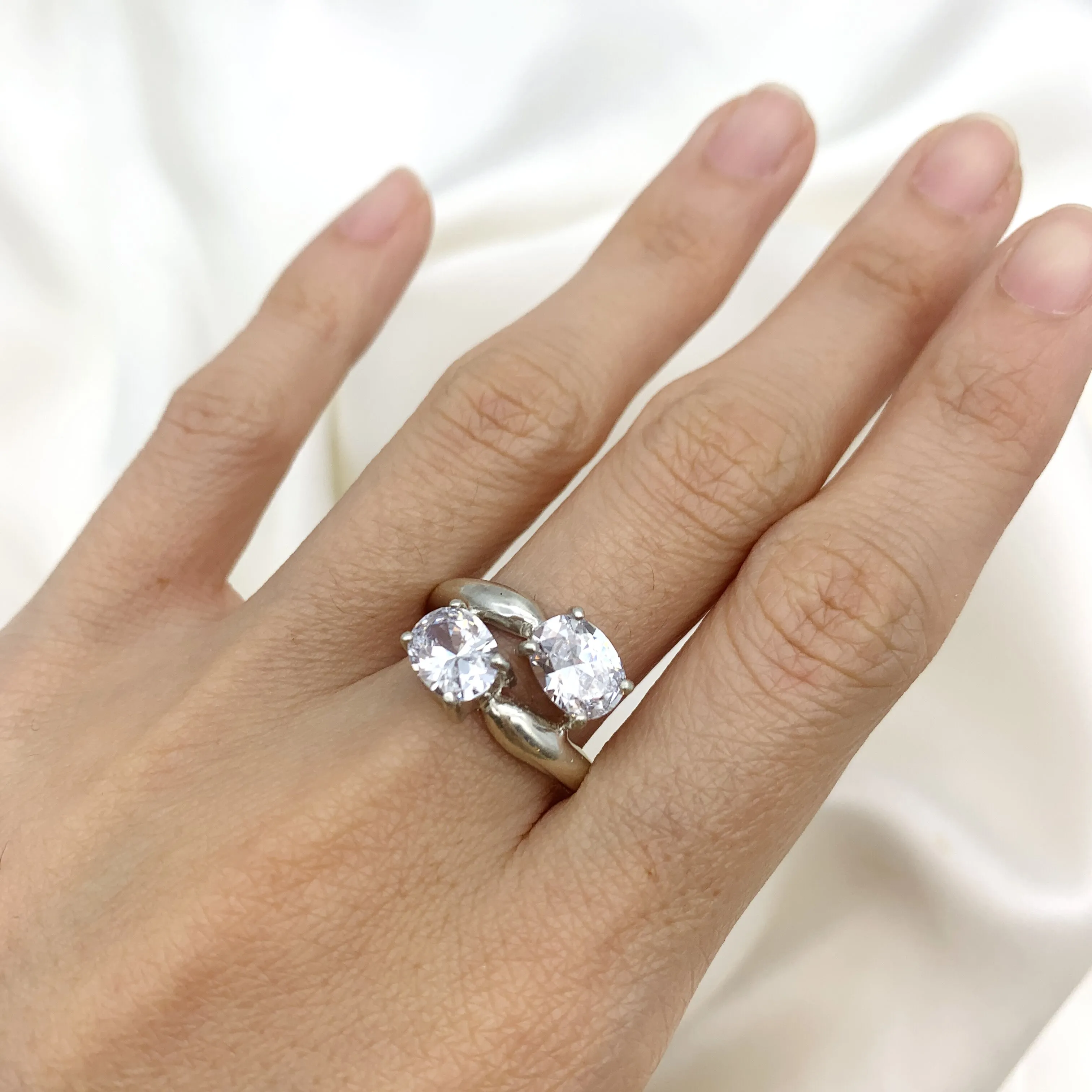 Two Stone Diamond Ring - Sparkly Vintage Ring - Bypass Diamond Ring