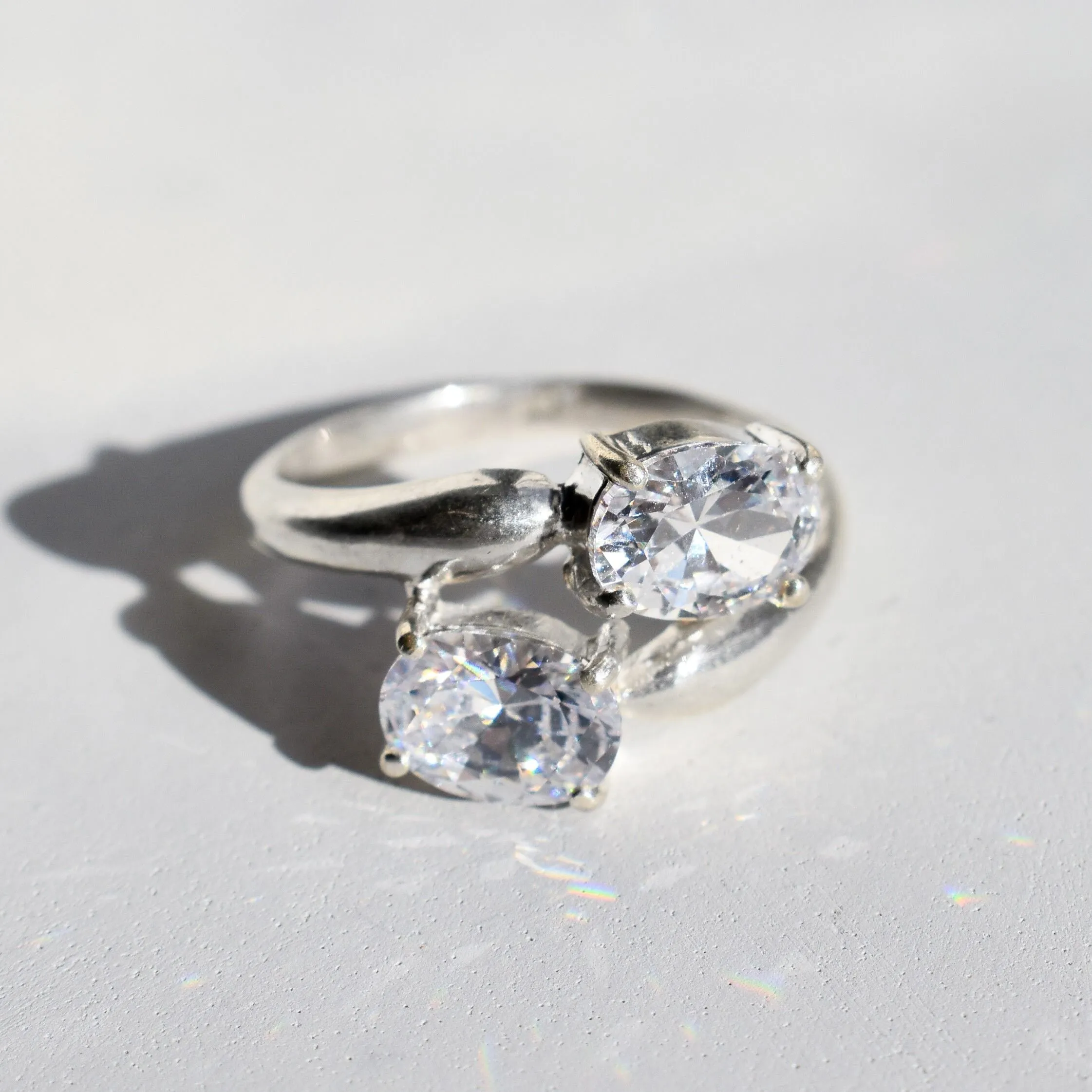 Two Stone Diamond Ring - Sparkly Vintage Ring - Bypass Diamond Ring