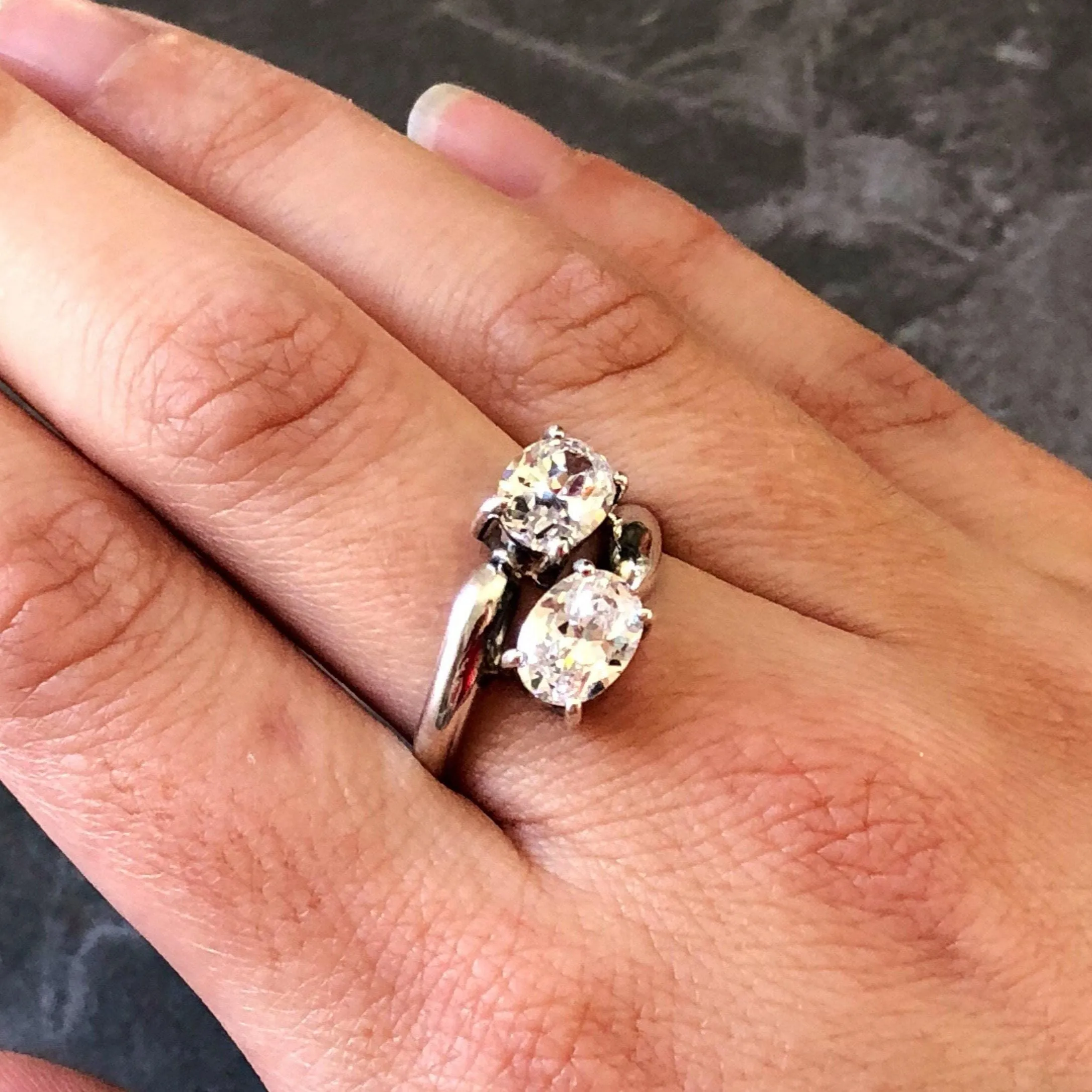 Two Stone Diamond Ring - Sparkly Vintage Ring - Bypass Diamond Ring