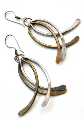 Vintage Modernist Hammered Brass Dangle Earrings • Gypsy • Boho