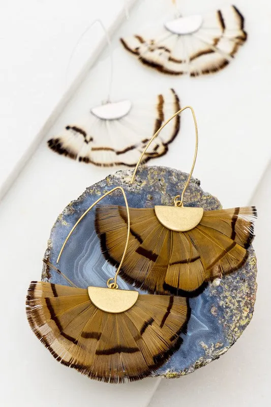 White Fan Feather Boho Fish Hook Drop Earrings