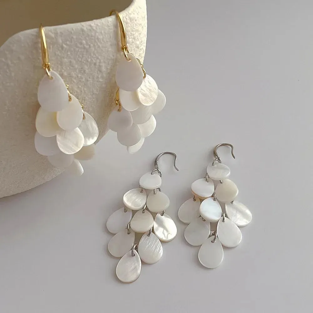 White Shell Waterdrop Tassel Earrings