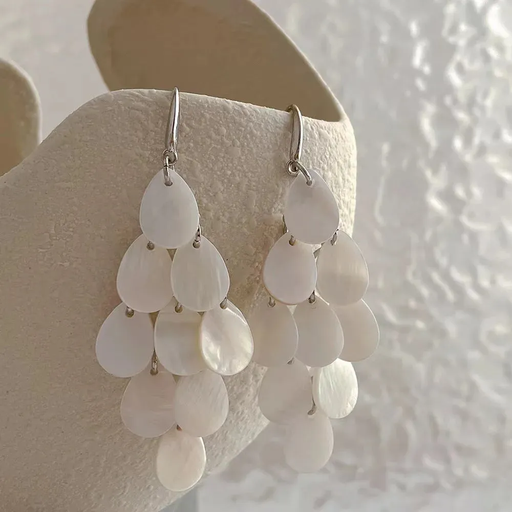 White Shell Waterdrop Tassel Earrings