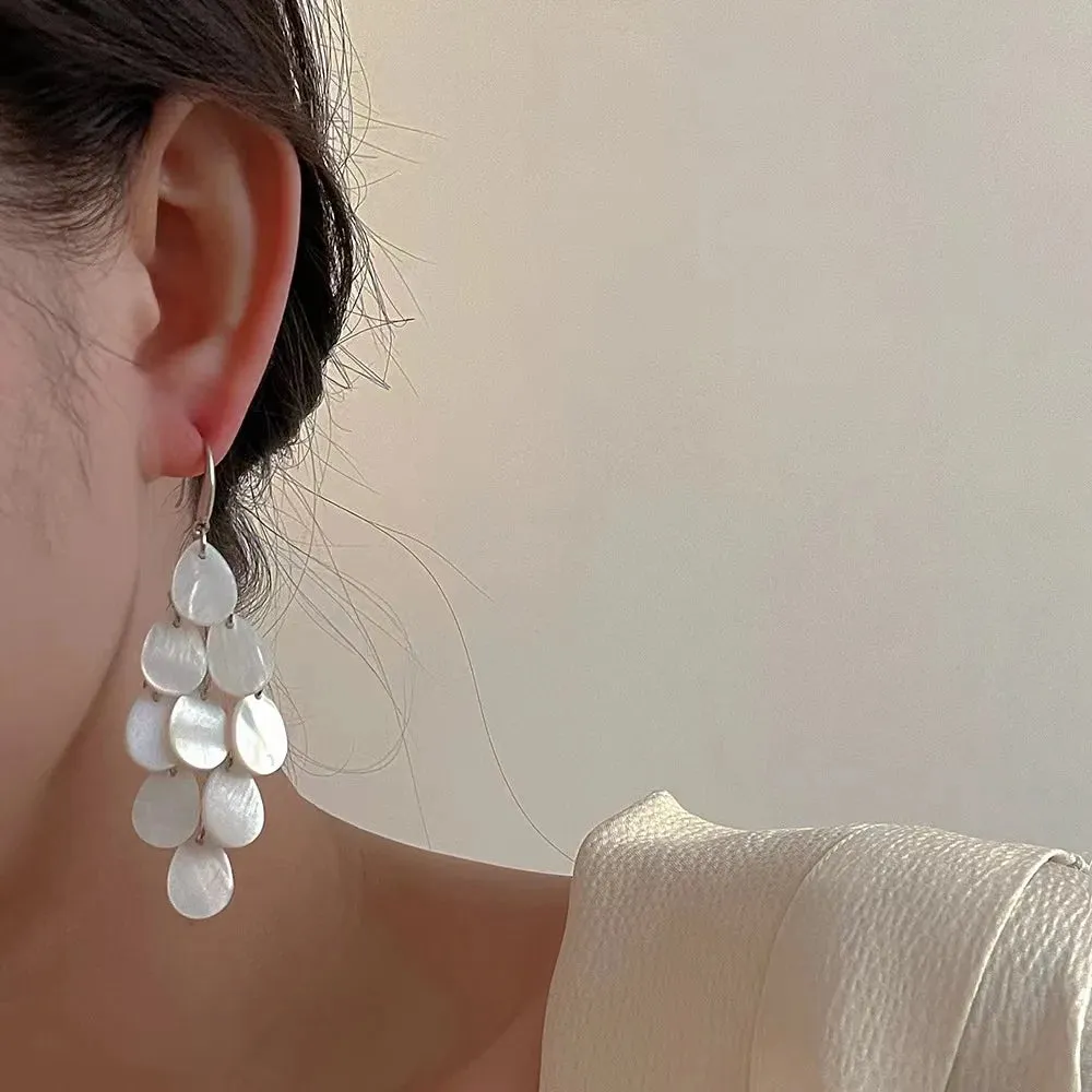 White Shell Waterdrop Tassel Earrings
