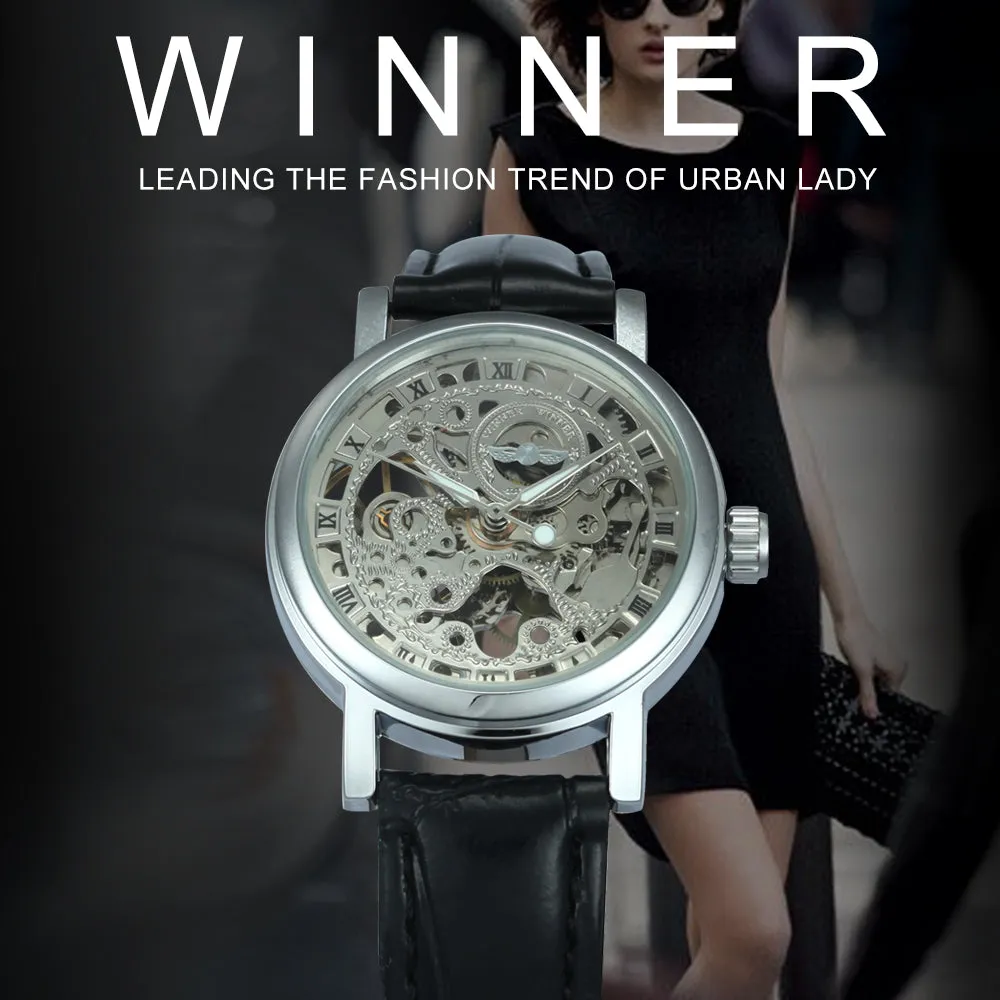 WINNER Classic Elegant Skeleton Hand Wind Mechanical Watch for Women Leather Strap Luminous Hands