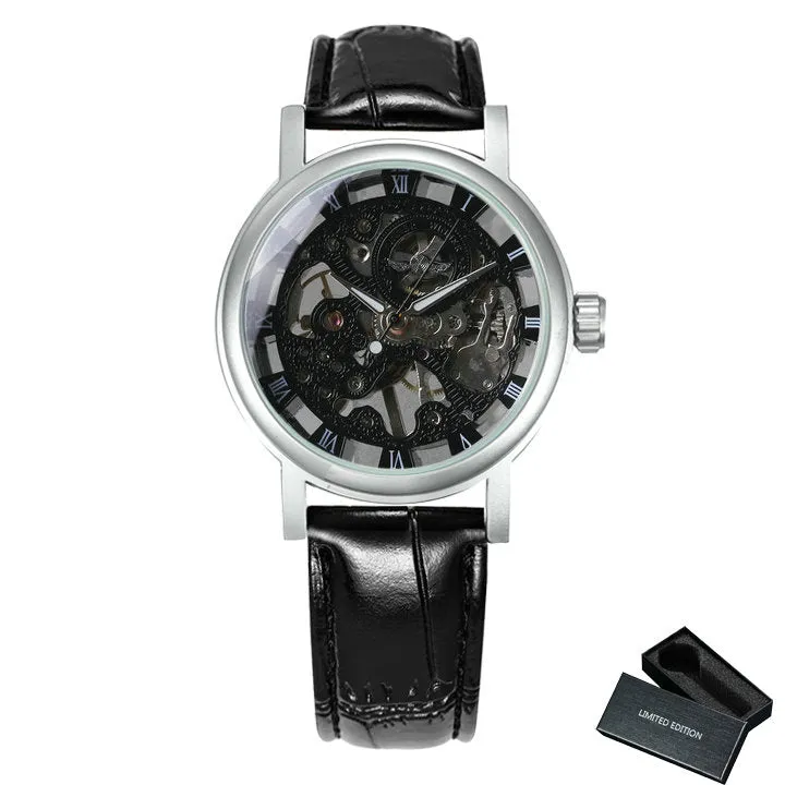 WINNER Classic Elegant Skeleton Hand Wind Mechanical Watch for Women Leather Strap Luminous Hands