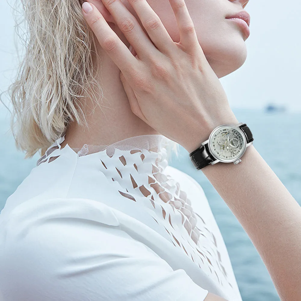 WINNER Classic Elegant Skeleton Hand Wind Mechanical Watch for Women Leather Strap Luminous Hands