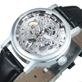 WINNER Classic Elegant Skeleton Hand Wind Mechanical Watch for Women Leather Strap Luminous Hands