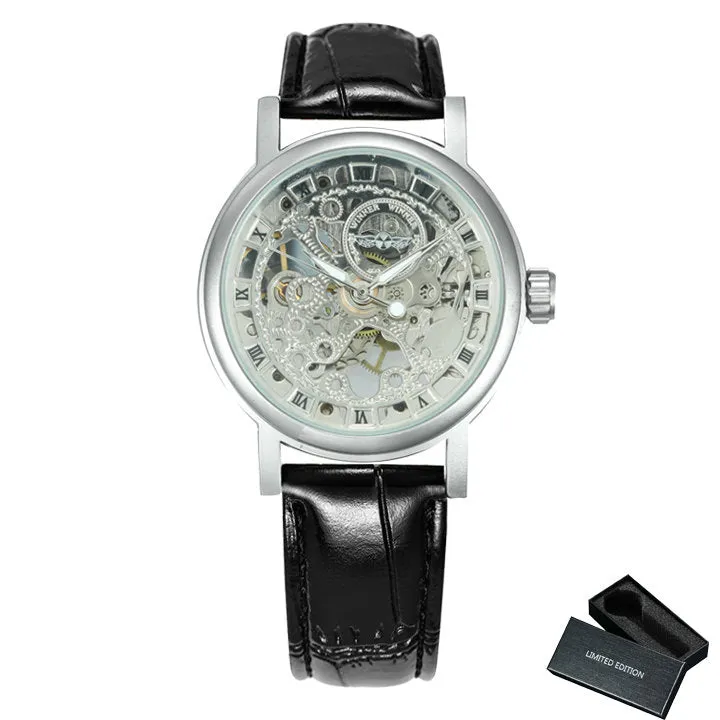 WINNER Classic Elegant Skeleton Hand Wind Mechanical Watch for Women Leather Strap Luminous Hands