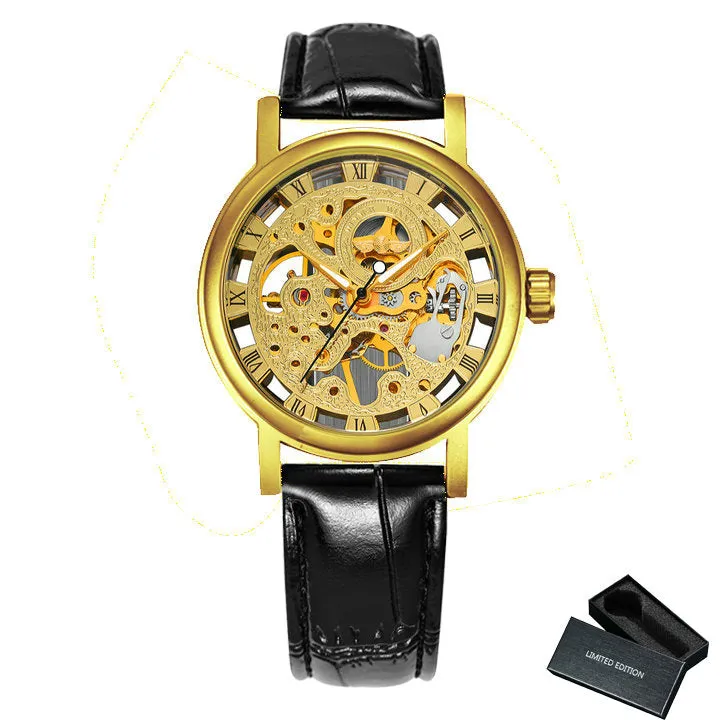 WINNER Classic Elegant Skeleton Hand Wind Mechanical Watch for Women Leather Strap Luminous Hands