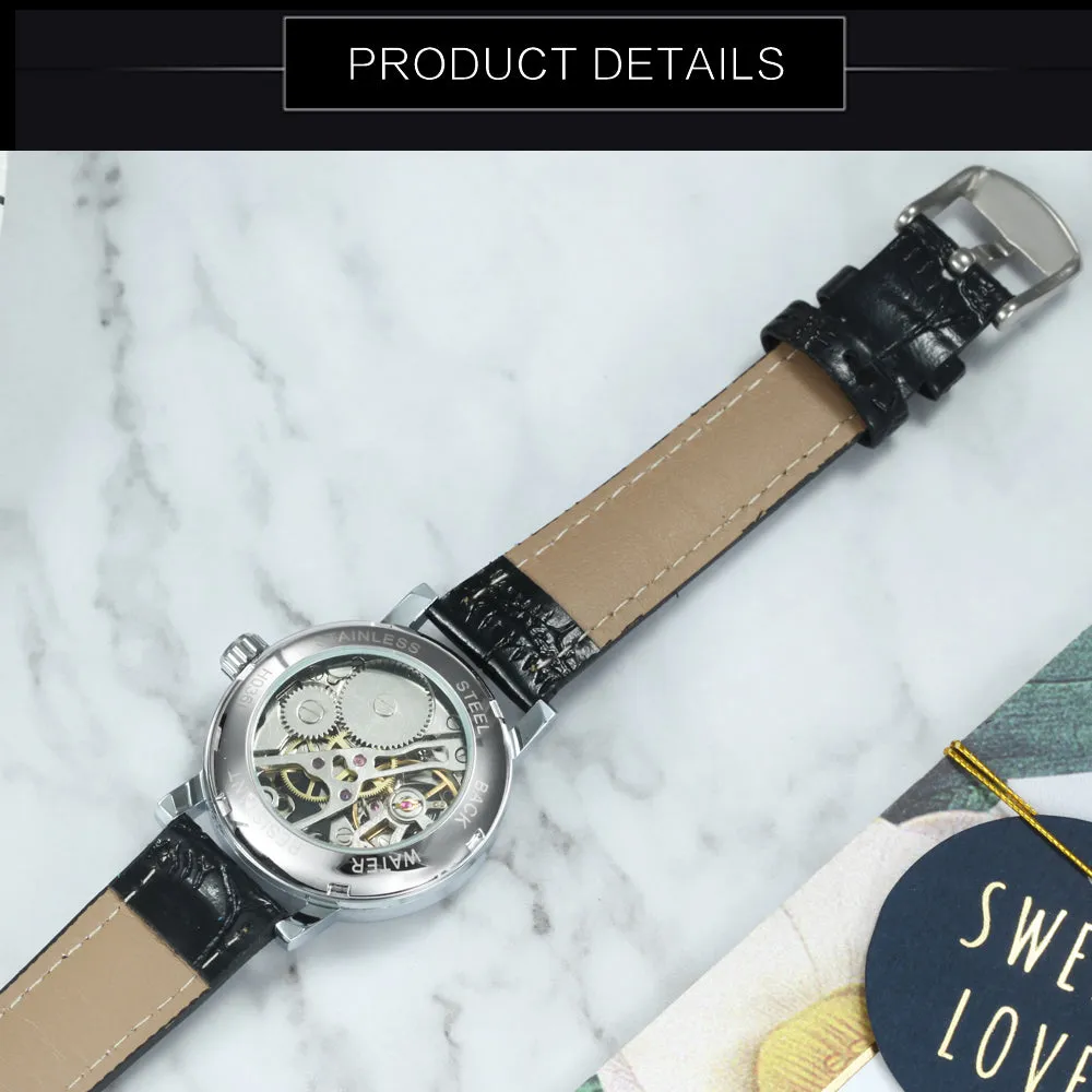 WINNER Classic Elegant Skeleton Hand Wind Mechanical Watch for Women Leather Strap Luminous Hands