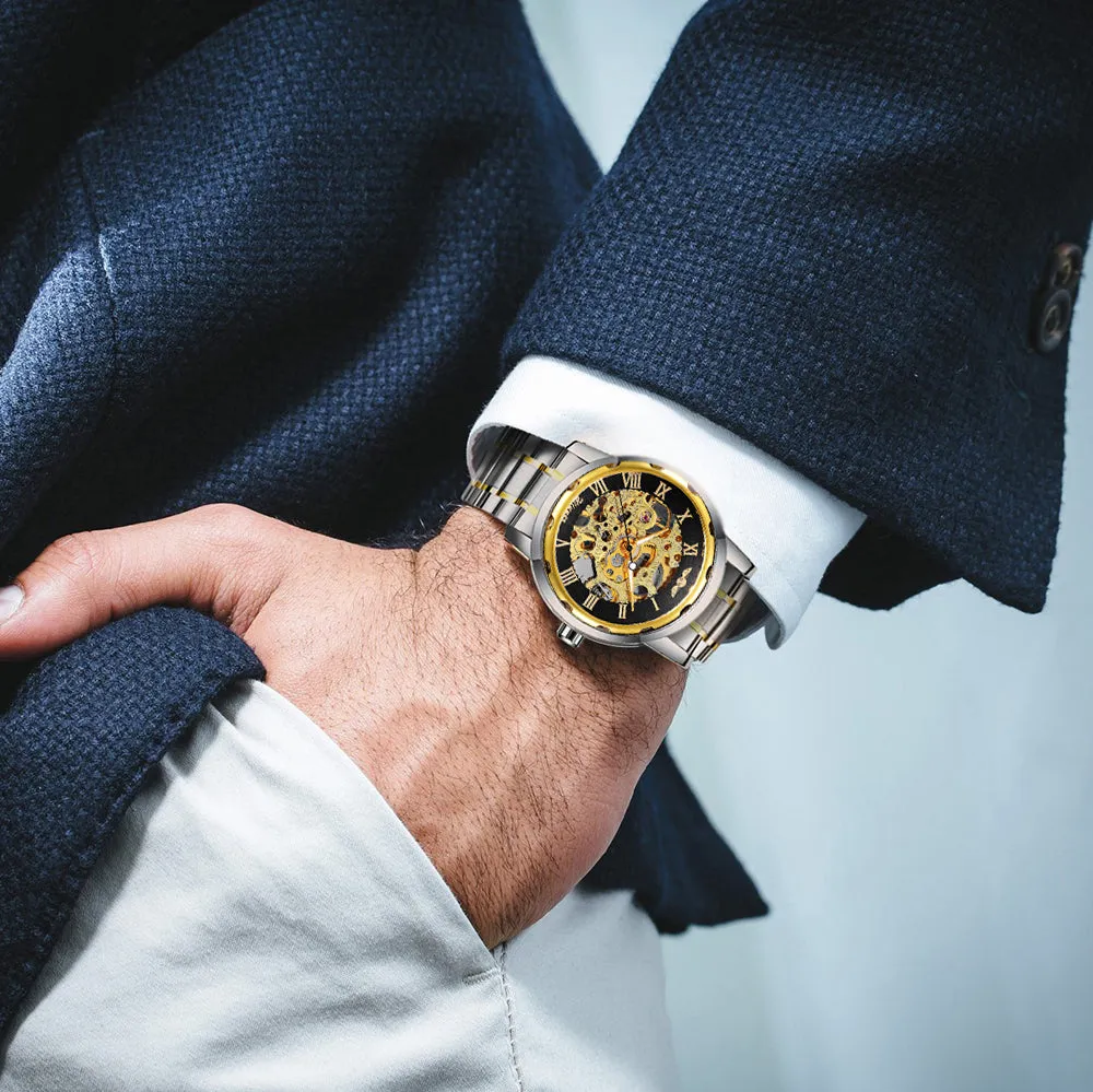 WINNER Classic Gold Skeleton Mechanical Watch for Men Luminous Hands Stainless Steel Strap Unisex Retro Watches